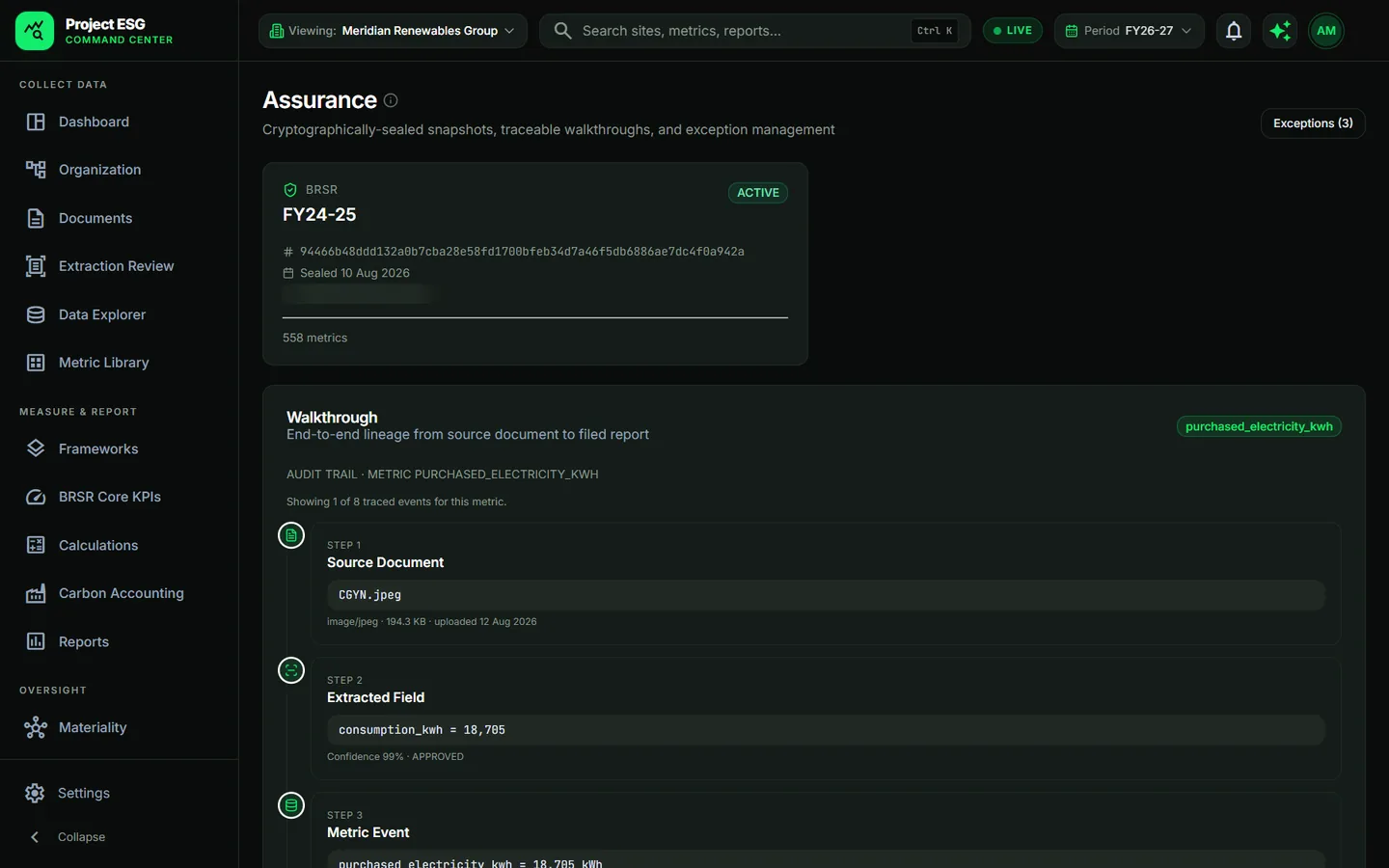 The Assurance screen: a walkthrough of one metric from the source document to the extracted field to the metric event.