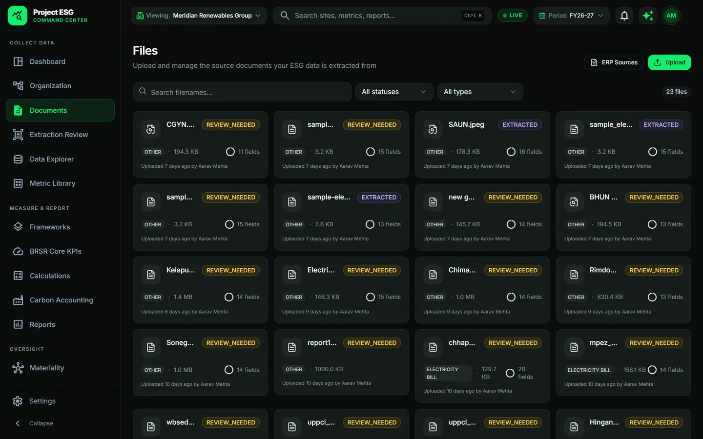 The Documents screen: uploaded bills and invoices, each with its extraction status and number of fields read.